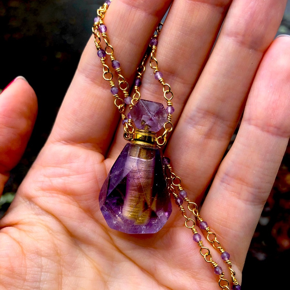 Genuine Amethyst Bottle Necklace with Gold Glitter